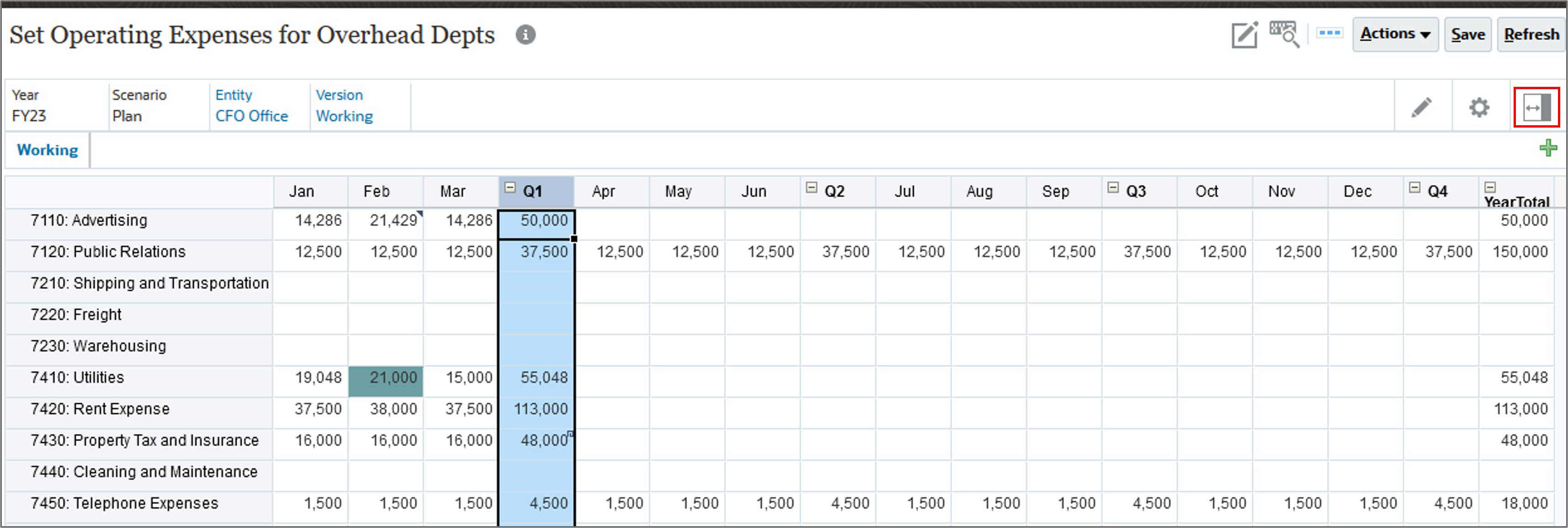 Expense form with Q1 Highlighted